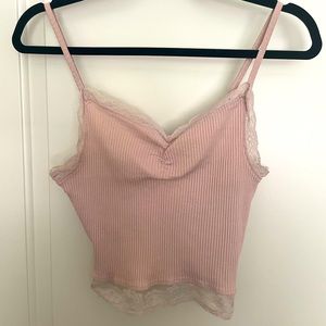 Cropped pink tank top with lace detail